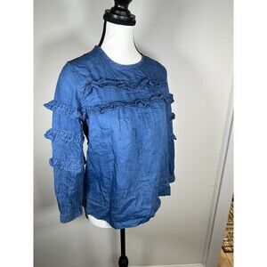 J. Crew Women's Tiered Ruffle Long Sleeve Tie Back Chambray Top Blouse Petite 0